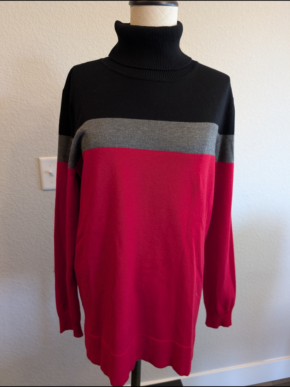 Calvin Klein Women's Colorblock Turtleneck Sweater in Black, Gray & Red